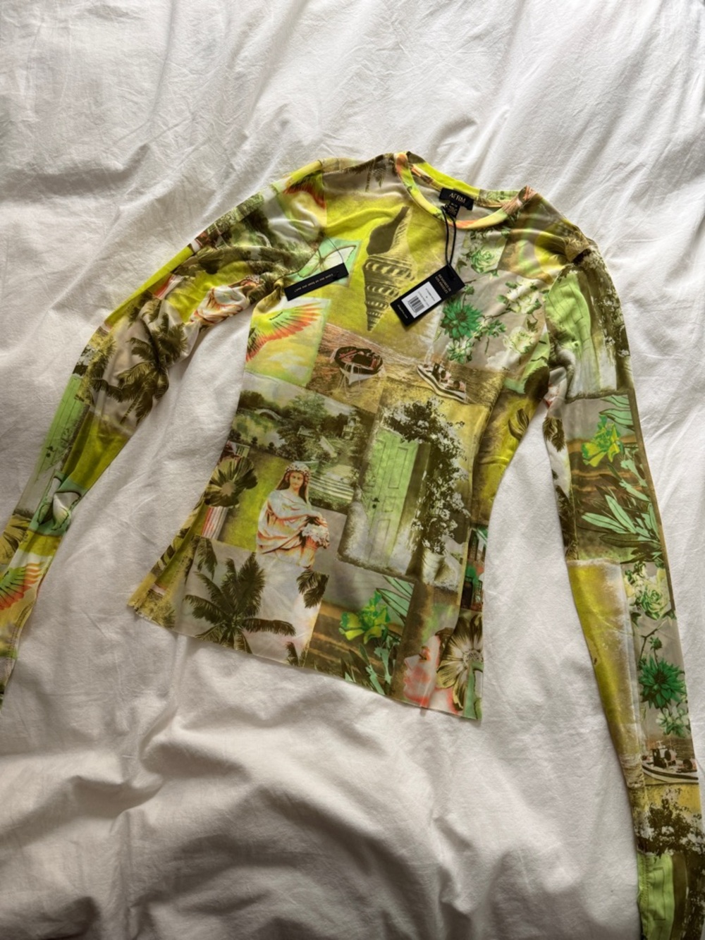 AFRM Green Citrus Post Card Mesh Long Sleeve Top